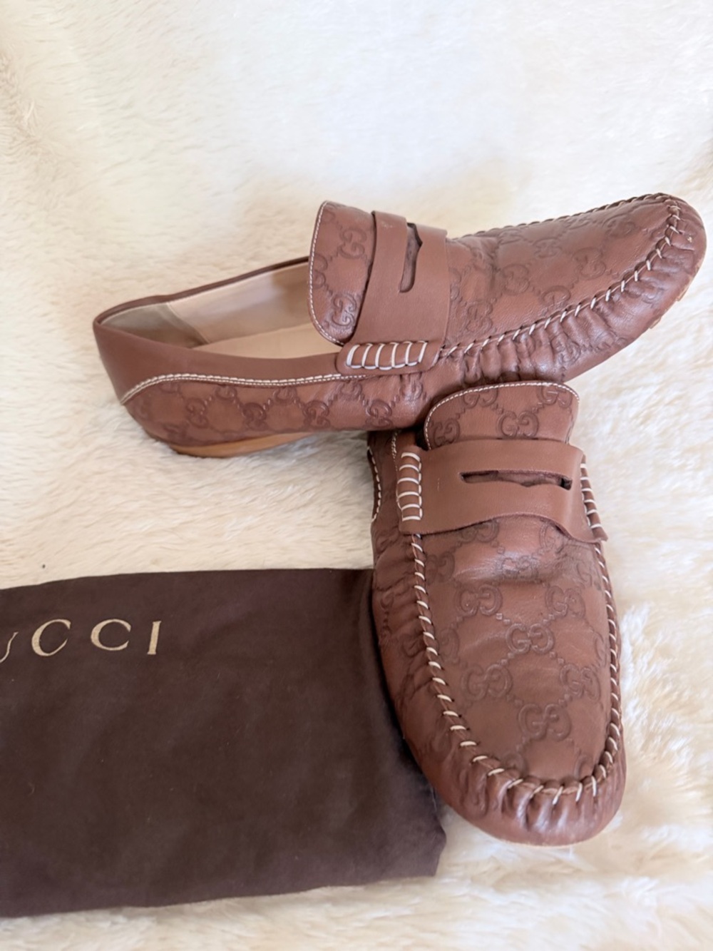 Gucci Brown Leather GG Embossed Penny Loafers - Picture 3 of 6